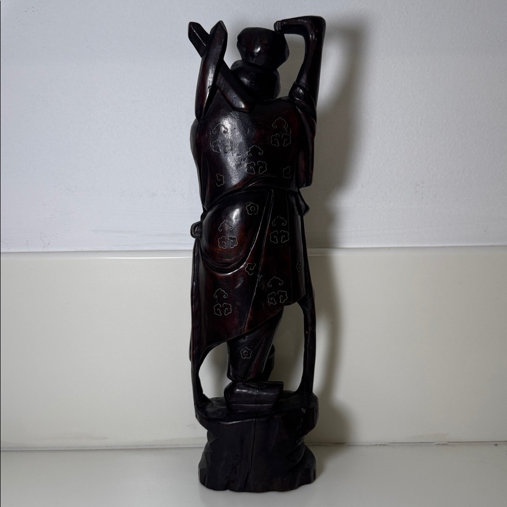 Vintage Hand-Carved Chinese Guan Yu Warrior God Statue, Dark Hardwood Sculpture - Picture 5 of 7